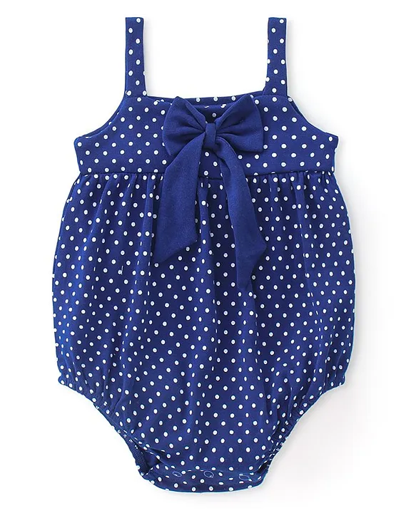 Babyhug 100% Cotton Knit Sleeveless Polka Dots Printed Onesie with Bow Applique - Navy Blue image 2
