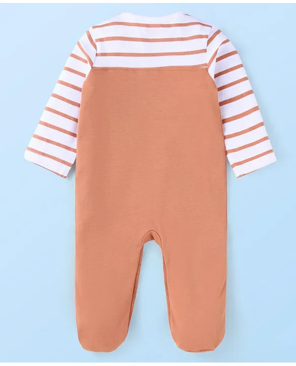Babyhug Cotton Knit Full Sleeves Striped Sleep Suit With Teddy Bear Print & Ear Applique - Light Brown