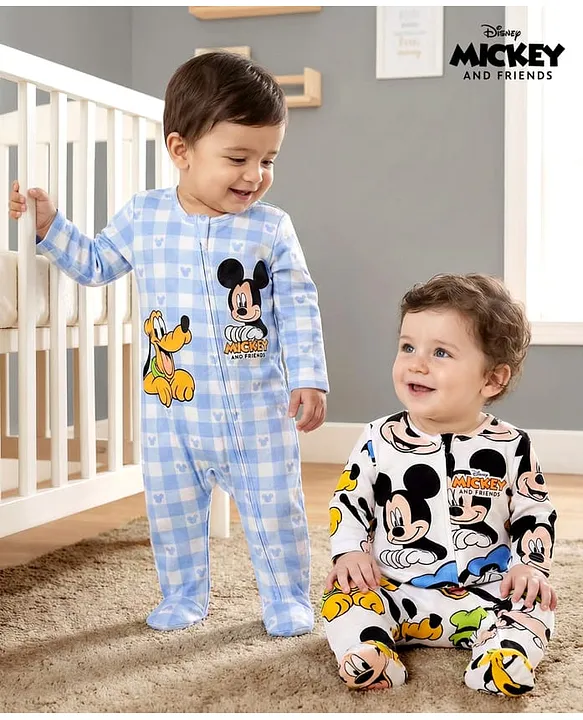 Babyhug Disney 100% Cotton Full Sleeves Footed Sleepsuit With Mickey & Friends Graphic Pack Of 2 - Multi Colour image 2