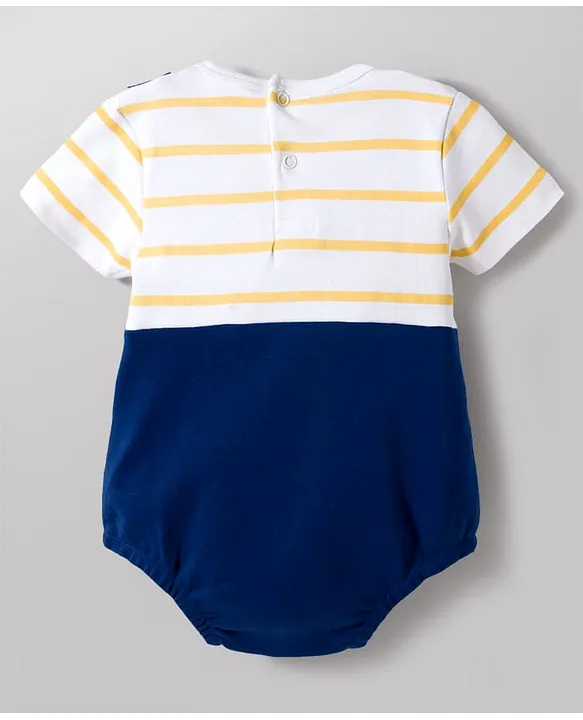 Babyhug 100 % Cotton Knit Half Sleeves Striped & Bear Printed Onesie With Cap - Multicolour