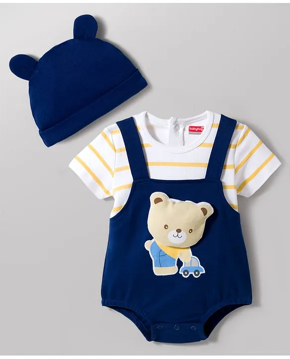 Babyhug 100 % Cotton Knit Half Sleeves Striped & Bear Printed Onesie With Cap - Multicolour image 2