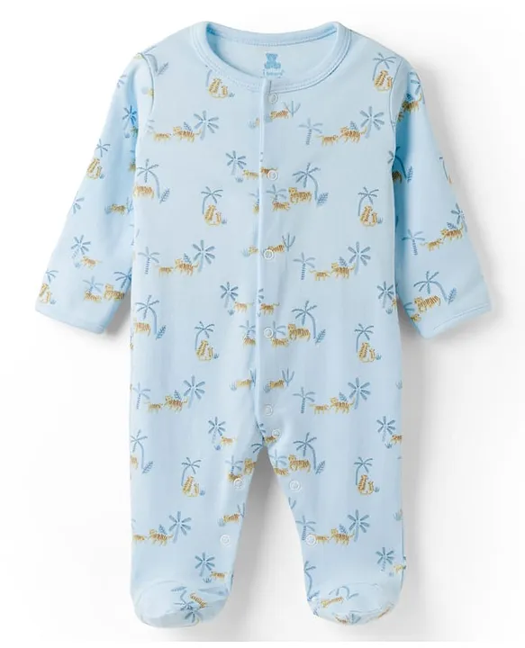 I Bears Interlock Knit Full Sleeves Footed Sleep Suits With Tiger Print - Multicolor image 2