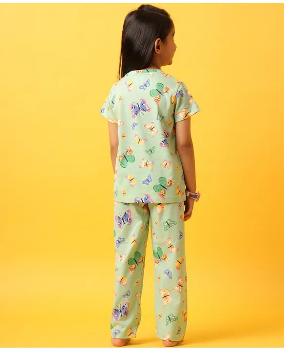 Anthrilo Cotton Knit Half Sleeves Butterflies Printed Coordinating Night Suit - Green image 2