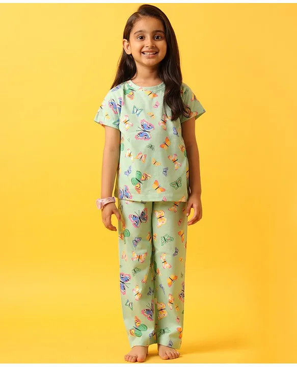 Anthrilo Cotton Knit Half Sleeves Butterflies Printed Coordinating Night Suit - Green
