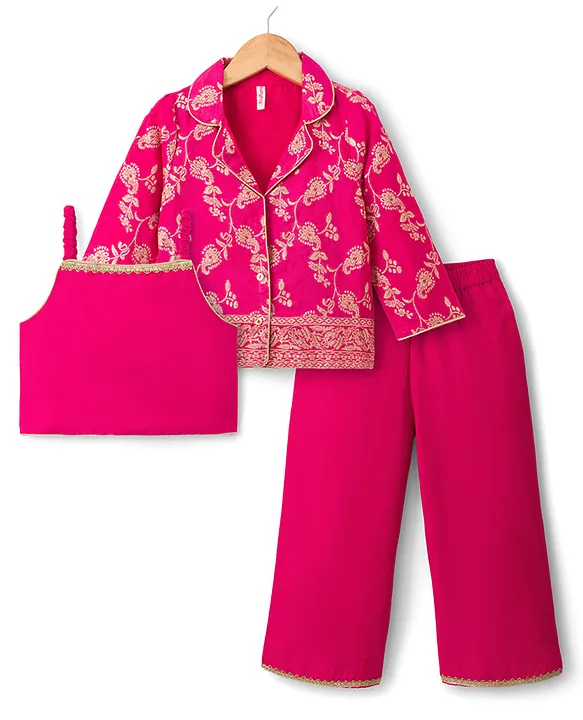 Babyhug Brocade Woven Three Fourth Sleeves Foil Printed Top Palazzo & Jacket Set - Fuchsia