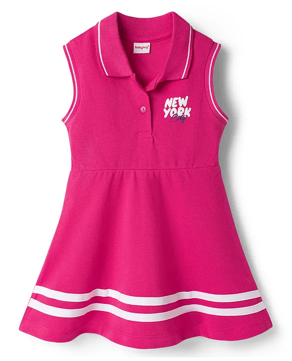 Babyhug Knit Sleeveless Frock With New York Print - Dark Pink