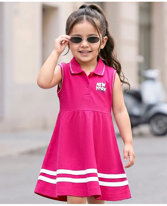 Babyhug Knit Sleeveless Frock With New York Print - Dark Pink image 2