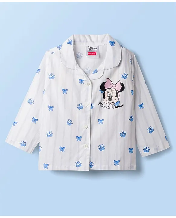 Babyhug Disney 100% Cotton Woven Full Sleeves Co-Ords Shirt & Pyjama Night Suit With Minnie Mouse Print - Light Blue & White image 2