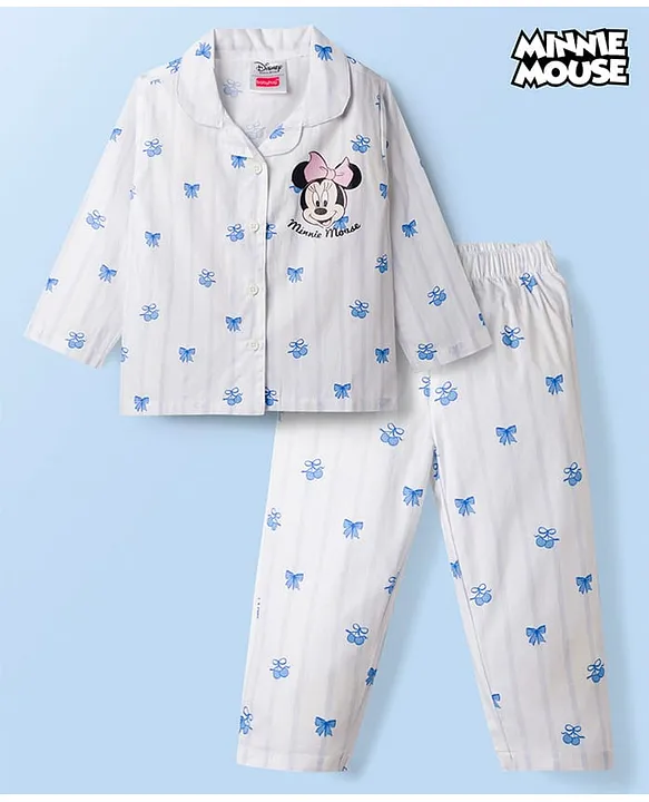 Babyhug Disney 100% Cotton Woven Full Sleeves Co-Ords Shirt & Pyjama Night Suit With Minnie Mouse Print - Light Blue & White image 3