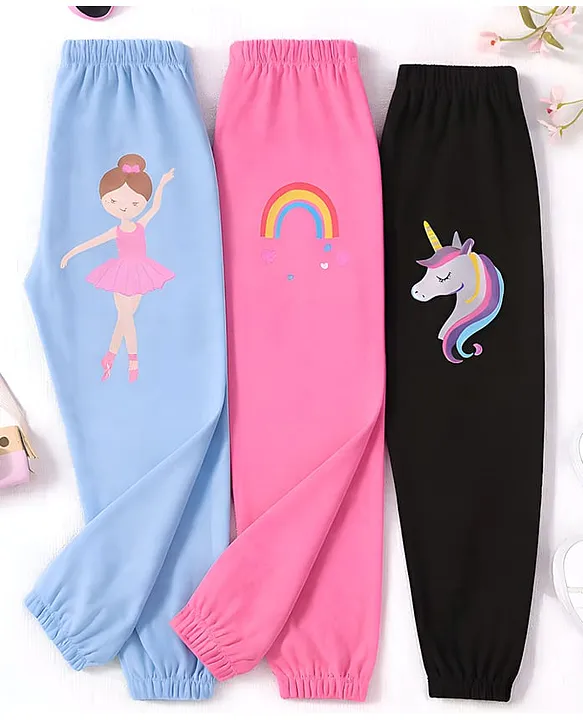 Googo Gaaga Cotton Knit Pack Of 3 Girl Rainbow & Unicorn Printed Joggers - Blue Dark Pink & Black
