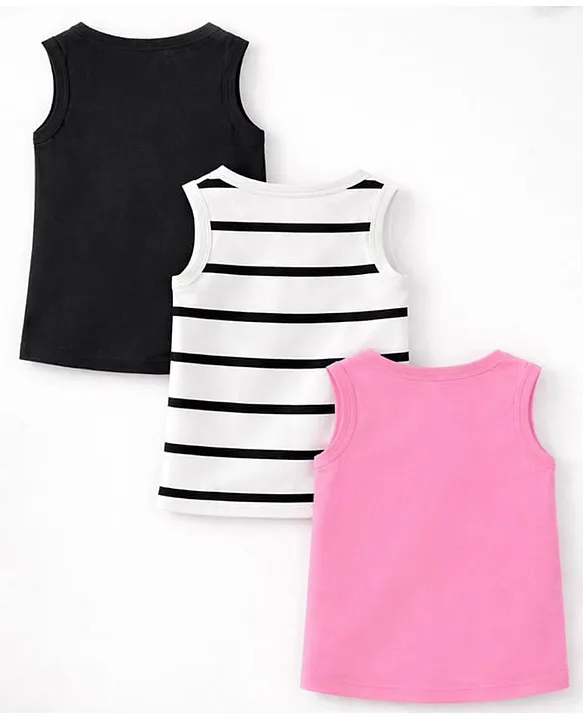 Trampoline Cotton Blend Knit Pack Of 3 Sleeveless Striped & Princess Girl Text Printed Tees - Multi Colour