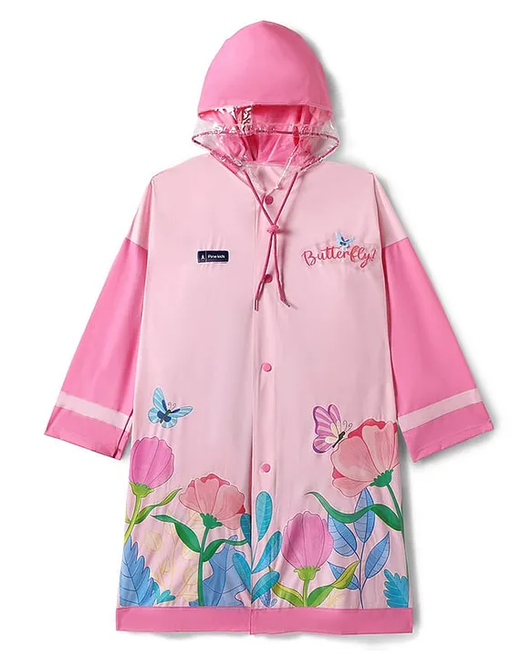 Pine Kids Full Sleeves Hooded Butterfly Raincoat - Light Pink