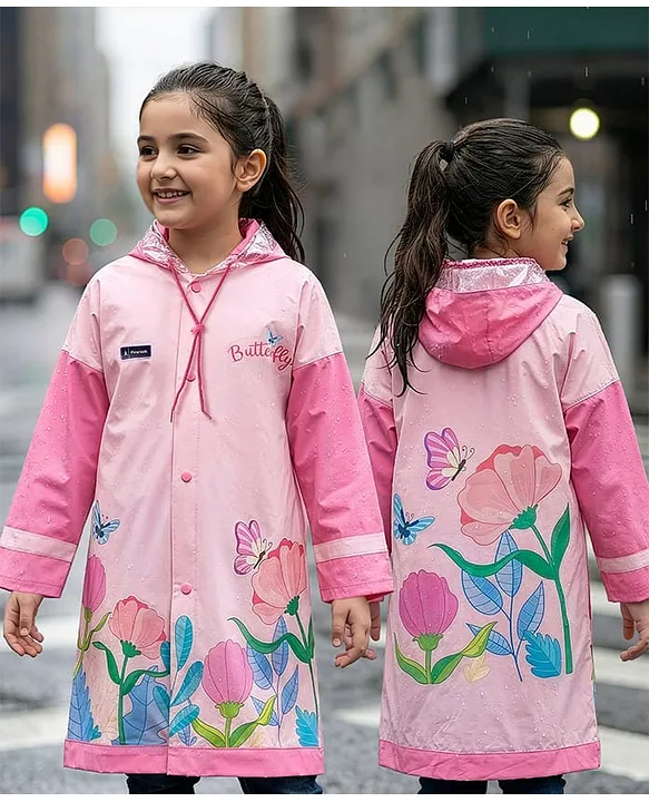 Pine Kids Full Sleeves Hooded Butterfly Raincoat - Light Pink image 2