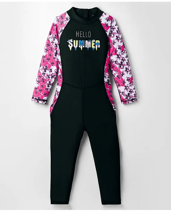 Bosky Swimwear Raglan Full Sleeves Floral Printed BodySuit - Navy Blue