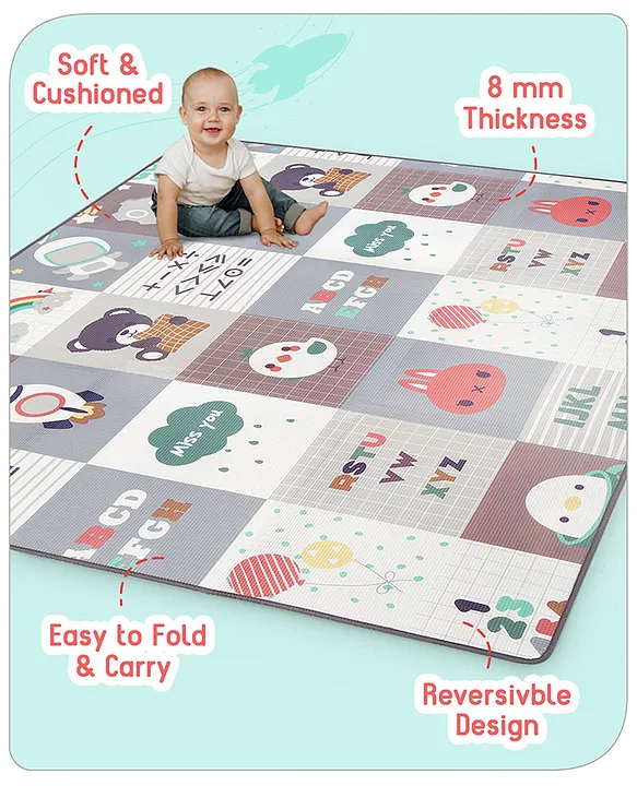 Babyhug Premium Reversible Waterproof Floor mat- 6 ft x 5 ft|Thickness 8 mm|Education Theme|Colorful|Learn and Play Mat|Soft Foam Mat|Baby Massage| Easy to Carry and fold|0-12 Years|BIS Cert