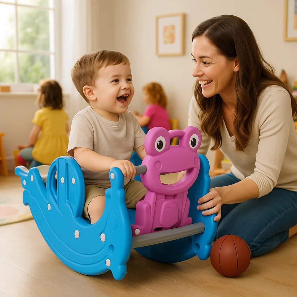 Babyhug 3 in 1 Slide and Rocker with Basketball Ring and A Plastic Ball for Kids|Multi-Purpose Toy For Indoor Or Outdoor Play|Durable & Safe|BIS|Age-18 Months to 4 yrs|Blue & Pink (Colour Ma